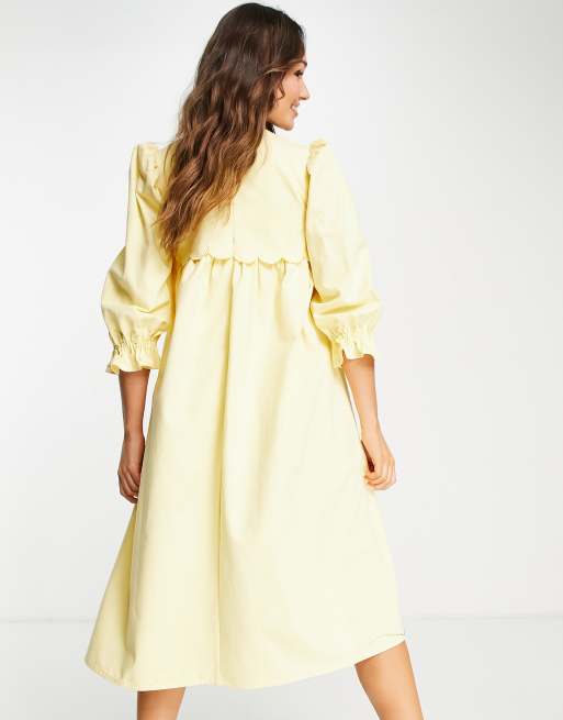 Lost Ink scallop detail midi smock dress in lemon yellow, 2 of 4