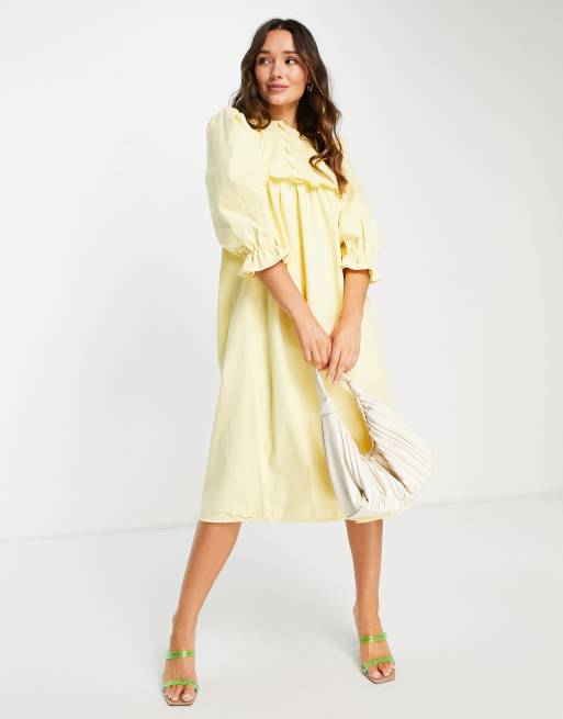 Lost Ink scallop detail midi smock dress in lemon yellow, 4 of 4