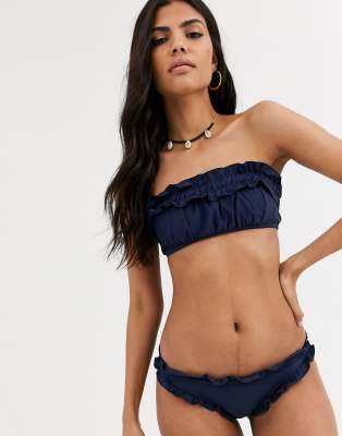 Lost Ink shirred bandeau bikini top-Navy