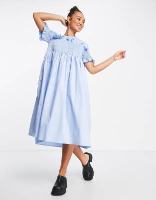 Lost Ink shirred frill detail midaxi dress in cornflower blue - ASOS Price Checker