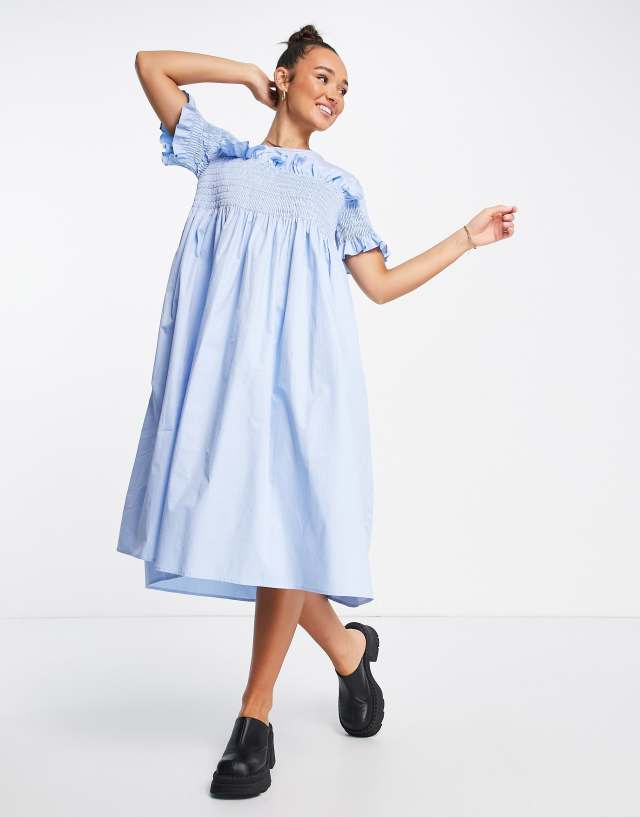 Lost Ink shirred frill detail midaxi dress in cornflower blue