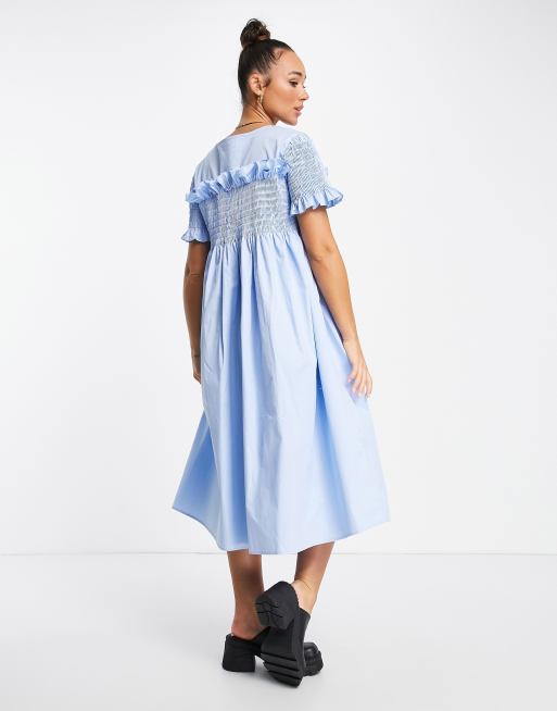 Lost Ink shirred frill detail midaxi dress in cornflower blue, 2 of 4