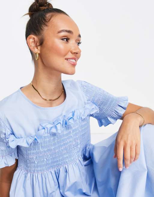 Lost Ink shirred frill detail midaxi dress in cornflower blue, 3 of 4