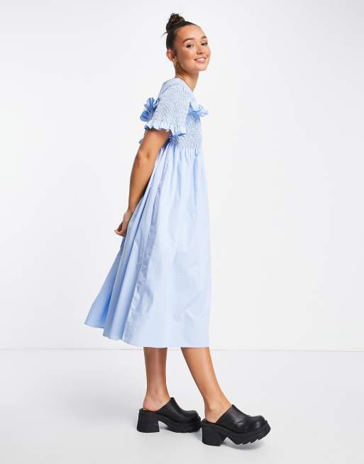 white christmas dresses 1990s Long Sleeve Smocked Denim Maxi Dress, Sz. XL