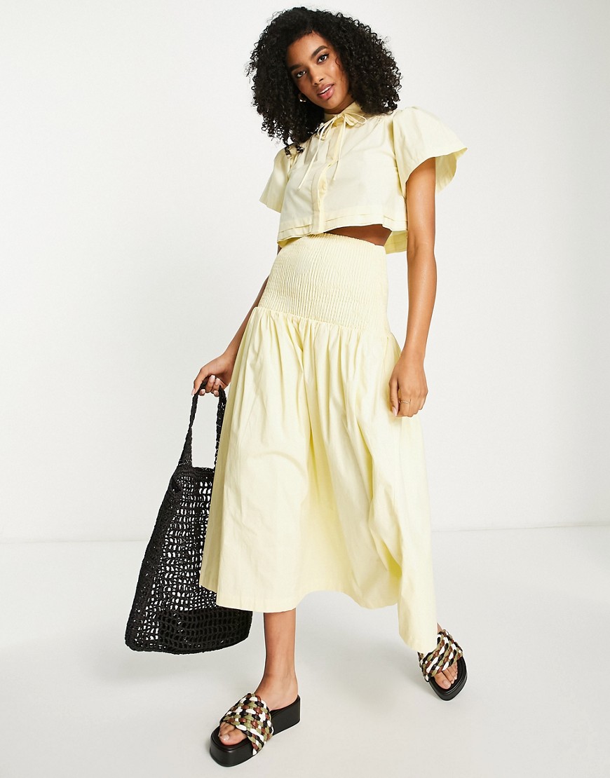 lost ink shirred waist maxi skirt co-ord in lemon yellow