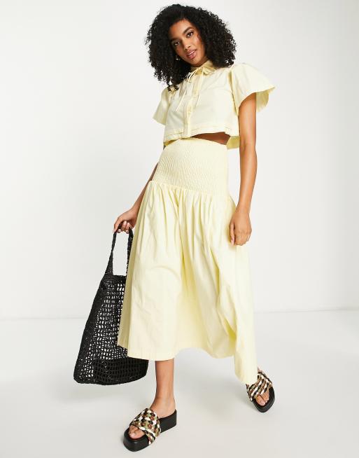 Lost Ink shirred waist maxi skirt co-ord in lemon yellow
