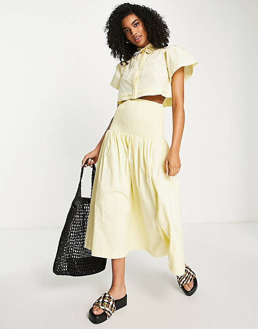 Lost Ink shirred waist maxi skirt in lemon yellow (part of a set)