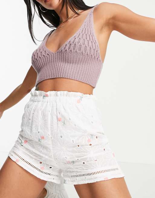 Lost Ink Shorts Mit Hohem Bund Und Kirschstickerei In Weiss Asos