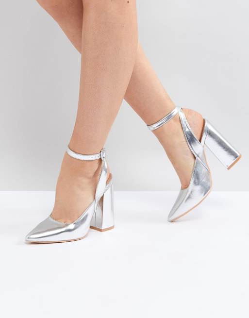 Lost Ink Silver Block Heeled Ankle Tie Shoes