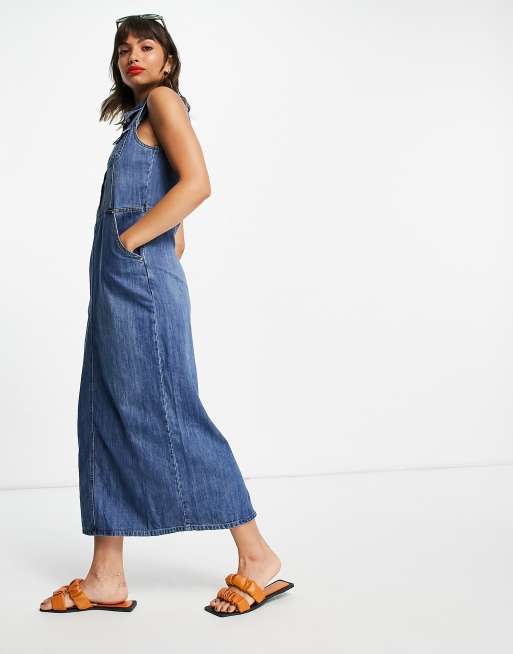 Lost Ink sleeveless maxi shirt dress in midwash denim