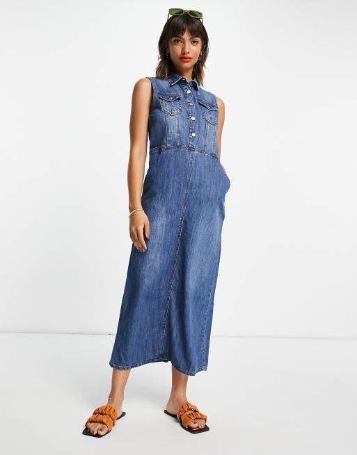 Lost Ink sleeveless maxi shirt dress in midwash denim