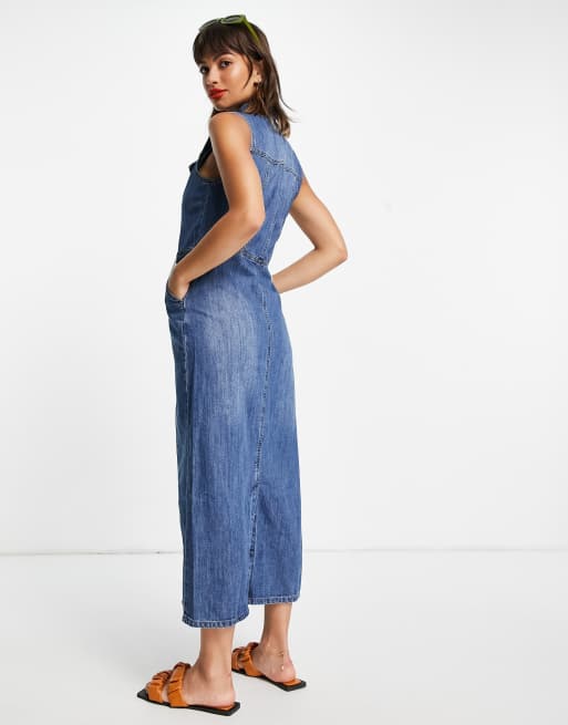 Lost Ink sleeveless maxi shirt dress in midwash denim