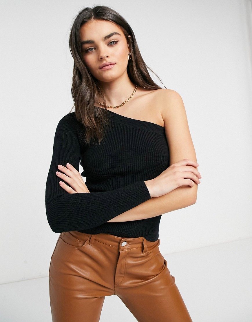 Lost Ink slim ribbed sweater with one shoulder-Black