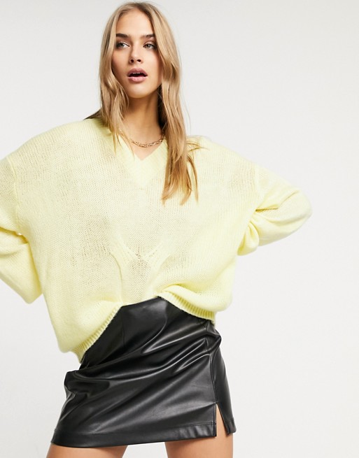 Lost Ink slouchy relaxed jumper with v-neck in lemon