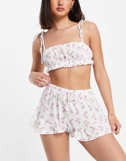 Lost Ink - Sæt med ribstrikket pyjamastop og shorts med lilla print i jersey