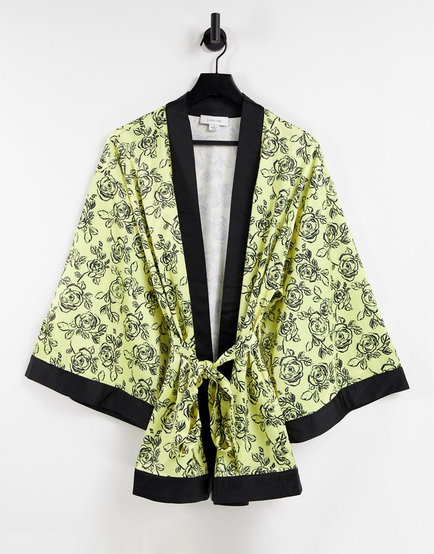 Lost Ink Stencil Flower Oversized Dressing Gown In Yellow