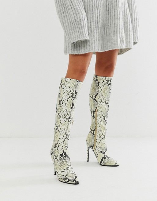 Lost Ink stiletto knee high boot in snake | ASOS