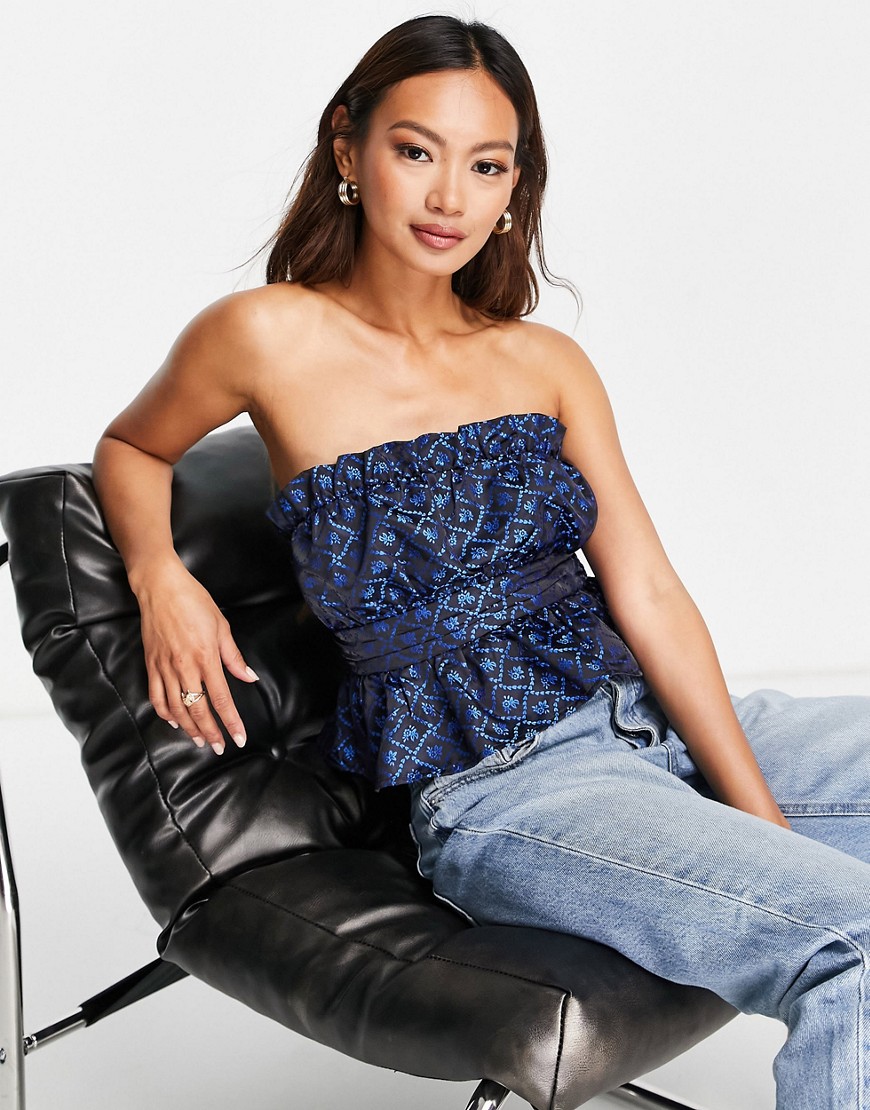 Lost Ink Strapless Jacquard Peplum Bustier Top-blues