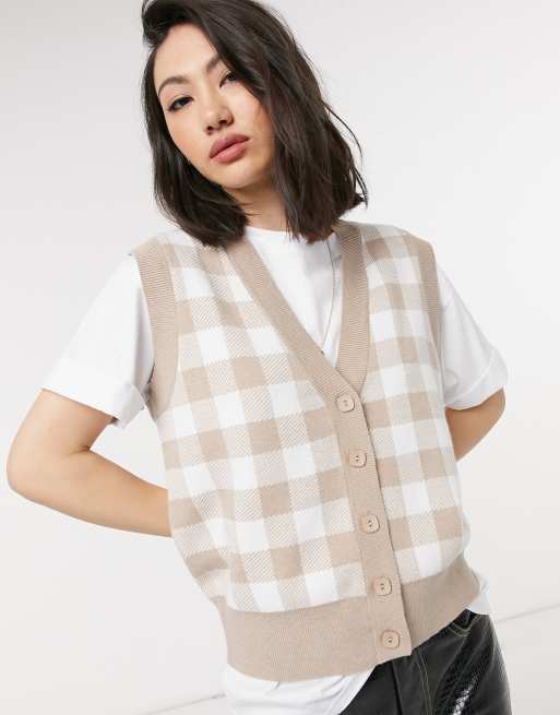 Lost Ink - Strikket vest i gyldenbrun gingham
