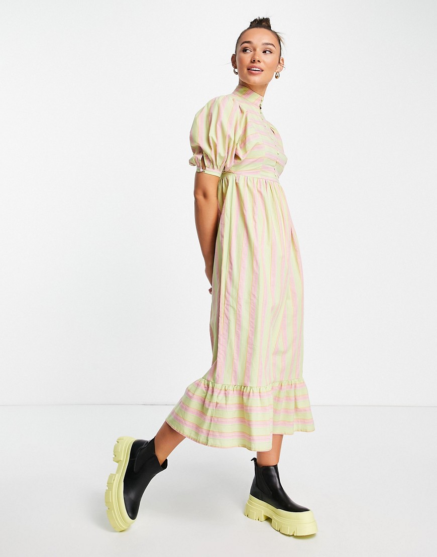 Lost Ink Stripe Button Front Midaxi Dress In Green And Pink-multi