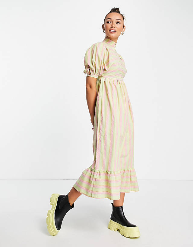 Lost Ink stripe button front midaxi dress in green and pink