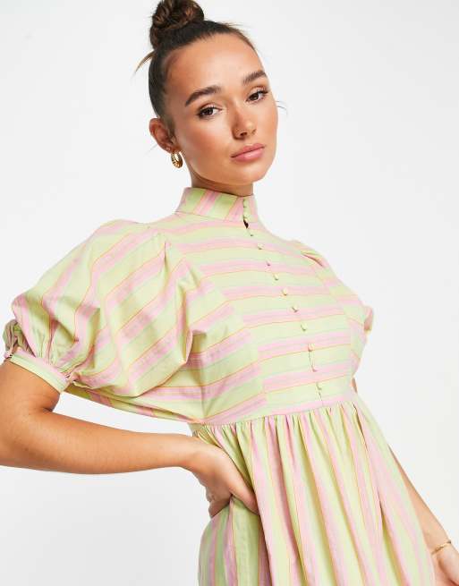 Lost Ink stripe button front midaxi dress in green and pink, 3 of 4