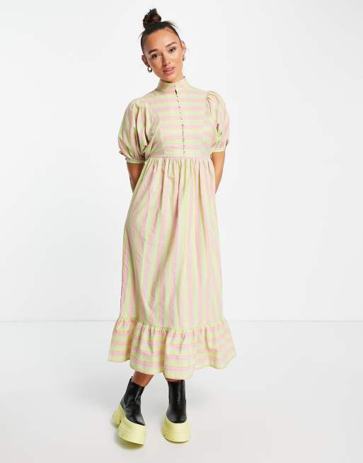 Lost Ink stripe button front midaxi dress in green and pink, 4 of 4