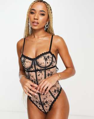 Lost Ink tattoo floral balconette corset style bodysuit in black - ASOS Price Checker