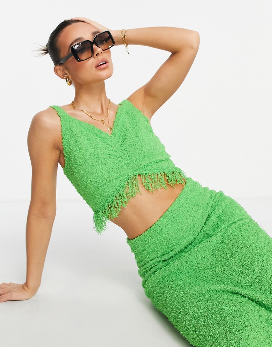 Lost Ink textured cami fringe top co-ord in green