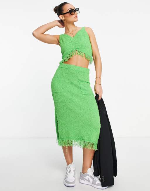 Lost Ink textured fringe midi skirt in green (Part of a set)