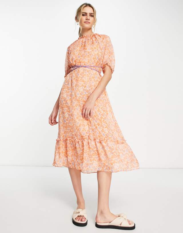 Lost Ink tie-detail floral midi dress in orange