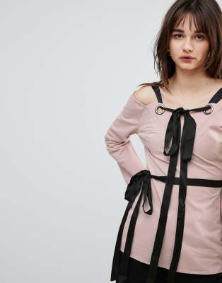 Lost Ink Top With Eyelet Tie Details-Pink