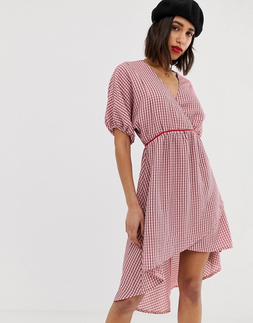 Lost Ink v neck dress with kimono sleeves in check