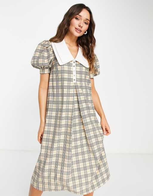 Lost Ink - Vestito midi a quadri multicolore con colletto a contrasto