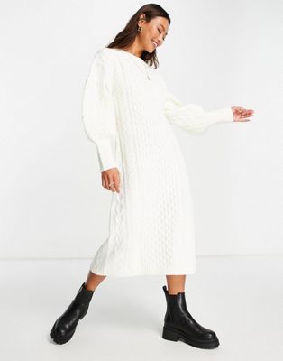 Lost Ink volume sleeve chunky knit midi dress in ivory