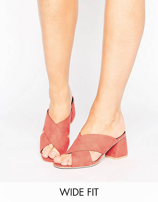 Lost Ink Wide Fit Cross Strap Mid Heeled Mules