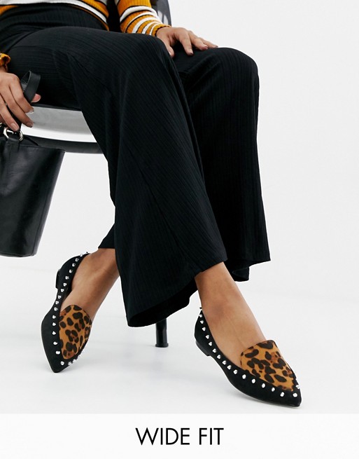 Lost Ink Wide Fit Olive leopard print flat shoes | ASOS