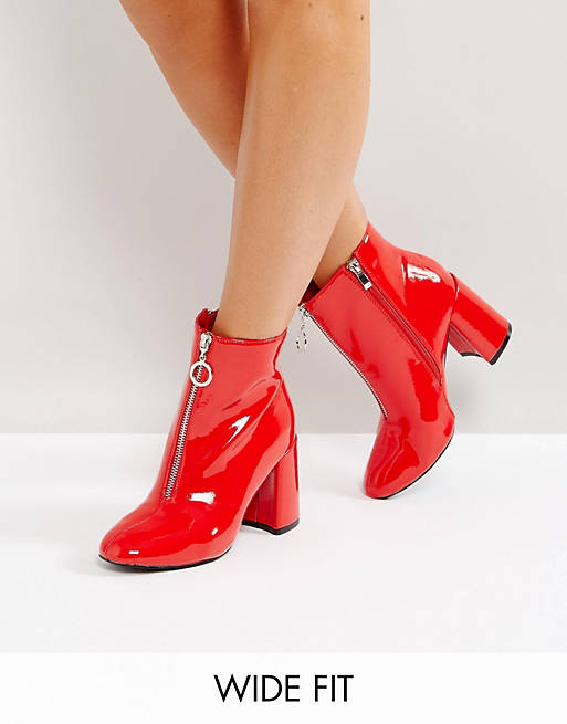 Lost Ink Wide Fit Red Vinyl Zip Front Ankle Boots