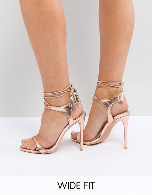 Lost Ink Wide Fit Rose Gold Tie Up Heeled Sandals | ASOS