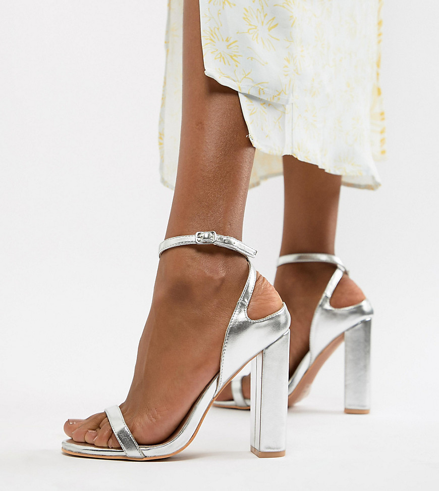 Lost Ink Wide Fit Silver Block Heel Ankle Strap Sandals