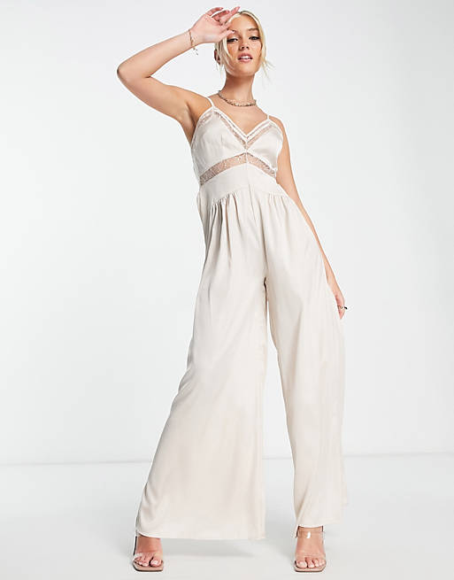 Lost Ink wide leg satin lace insert jumpsuit in champagne