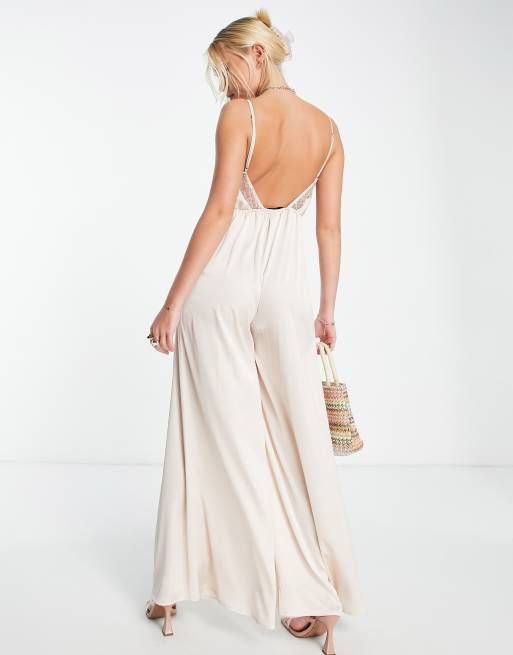 Lost Ink wide leg satin lace insert jumpsuit in champagne