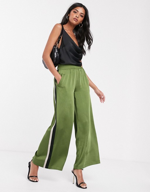 Lost Ink wide leg satin trousers with side stripes