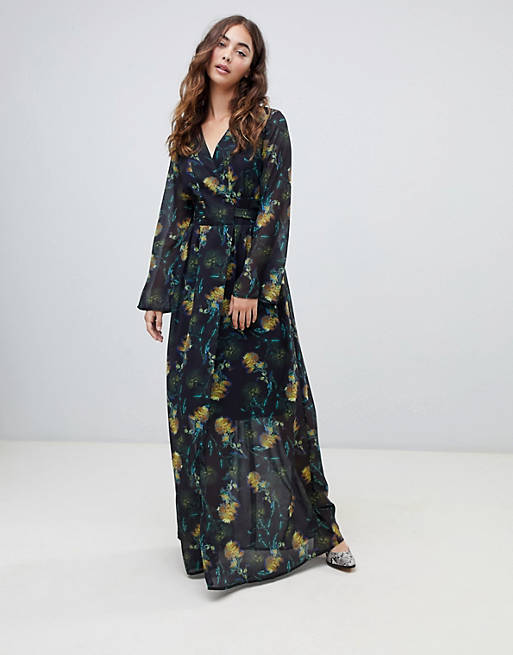 Lost Ink wrap front maxi dress in blurred floral print