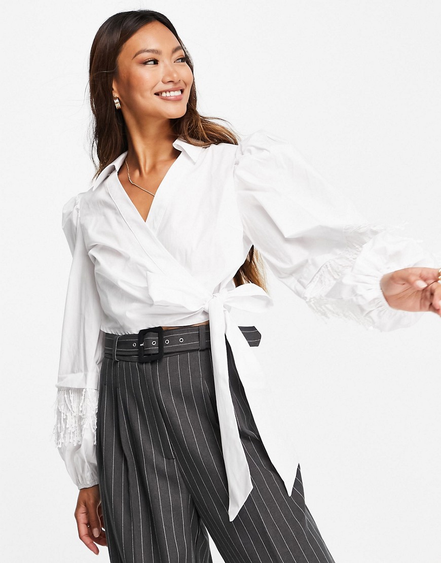 Lost Ink wrap shirt with volume embellished sleeves-White