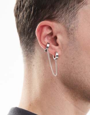 Lost Souls 13mm Single Hoop Earring With Cuff In Silver