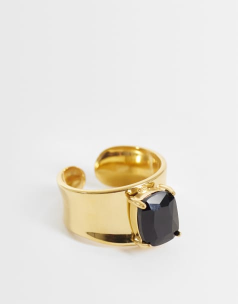 Lost Souls band ring with black glass in 18k gold plated stainless steel - view 1