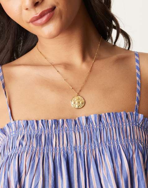Lost Souls beaded chain hammered coin pendant neckalce in 18kt gold plated stainless steel - view 1