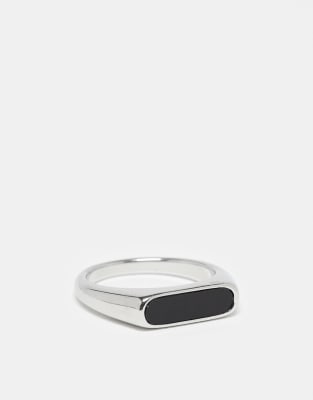 black resin signet ring in stainless steel-Silver