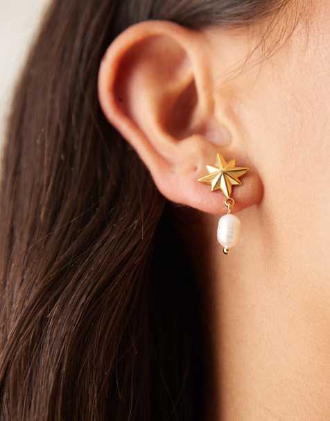 Lost Souls - Boucles d'oreilles avec perle et soleil en acier inoxydable plaqué or 18 karats - view 1